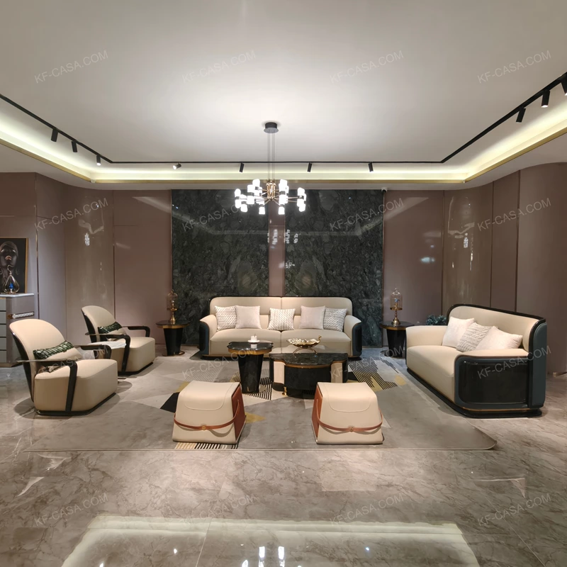 Luxury Curved Sofa with High-Gloss Lacquered Wood & Gold Trim